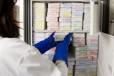 researcher using a ULT freezer