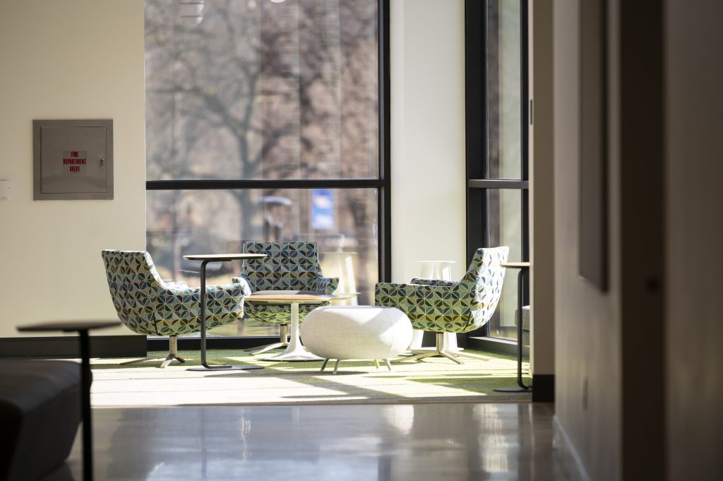 Seating area inside of PG Life Sciences Building