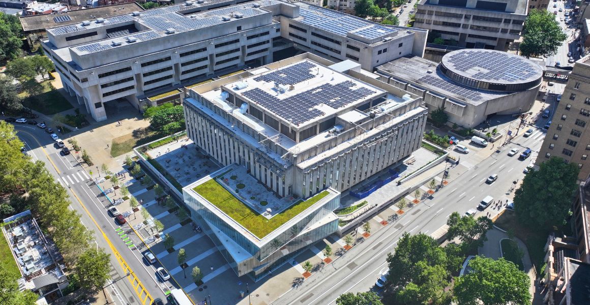 Solar panels on top of Hillman Library, David Lawrence Hall, and Posvar Hall