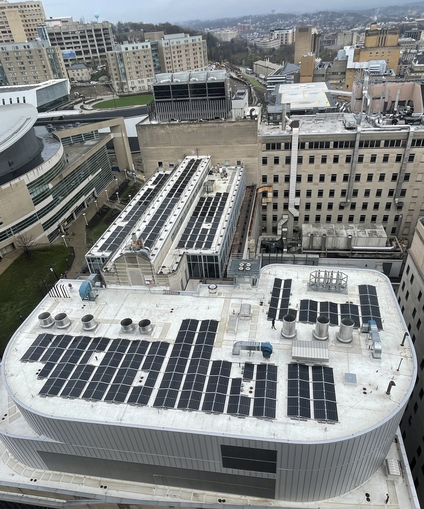 Solar panels on top of Scaife Hall