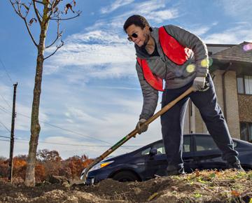 A person shovels dirt.