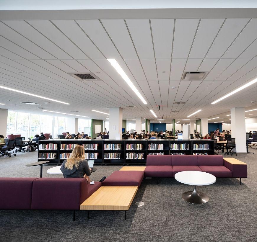 Student sits at a couch in front of shelves