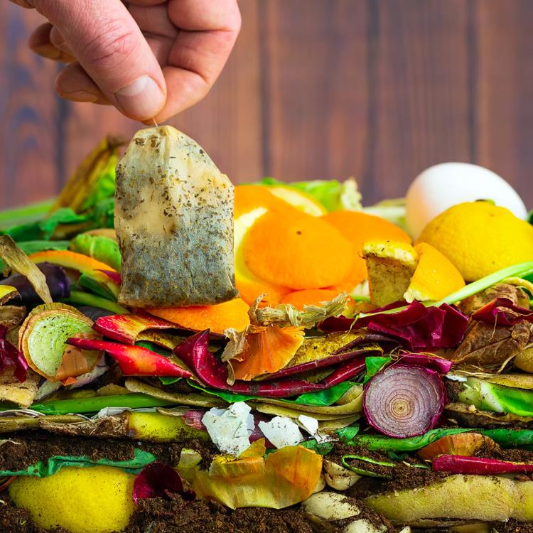 hand placing a used tea bag into a pile of food scraps
