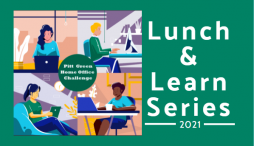 Lunch and Learn flyer with images of employees with sustainable offices