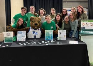 Green Games volunteers pose with Roc in the Petersen Events Center.